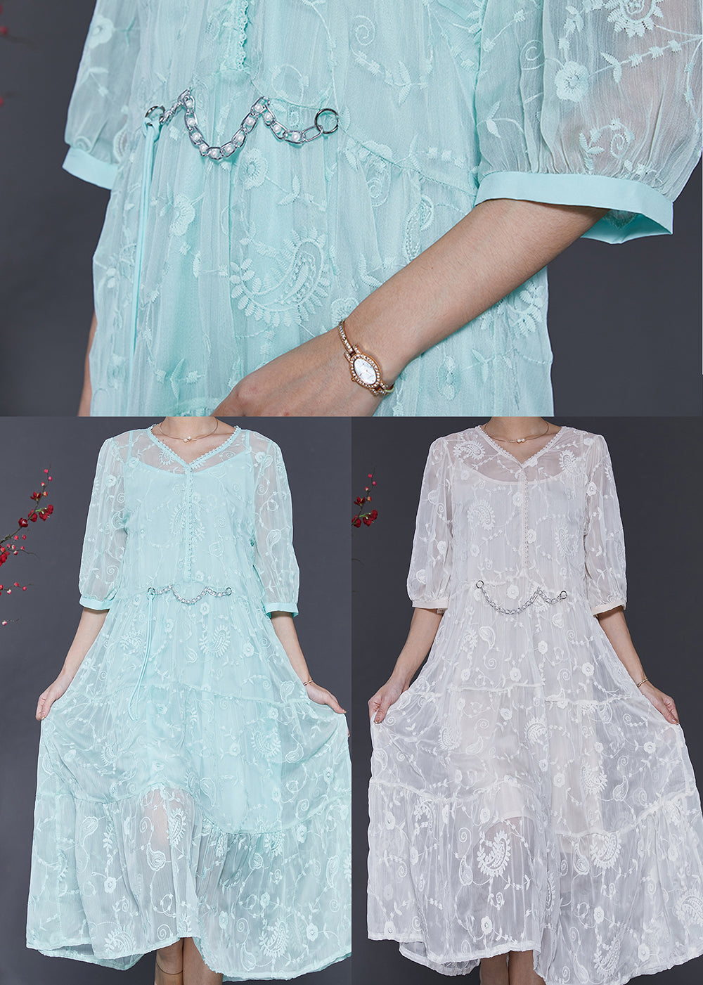 Beautiful Blue Embroidered Silk Long Dress Half Sleeve SD1005 Ada Fashion