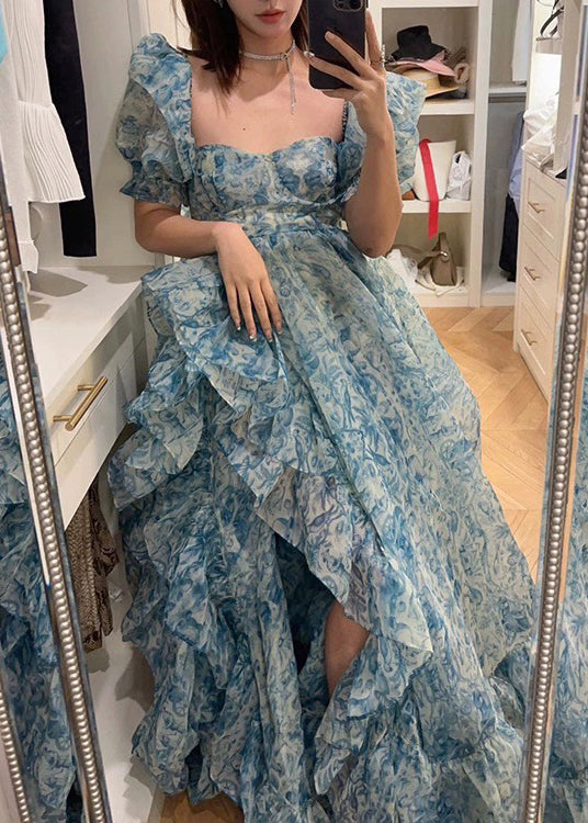 Beautiful Blue Print Ruffled Side Open Chiffon Maxi Dresses Summer XX041 SH-LF-SDL240611