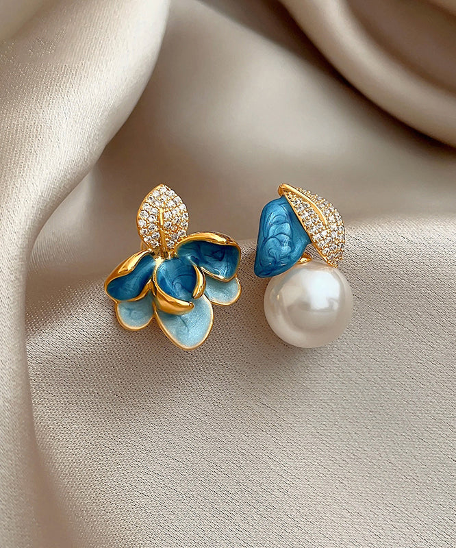 Asymmetric Pearl Drop BlueCopper Enamel Glaze Zircon Beautiful FashionChic