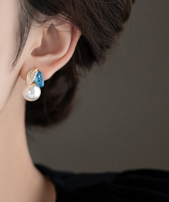 Asymmetric Pearl Drop BlueCopper Enamel Glaze Zircon Beautiful FashionChic