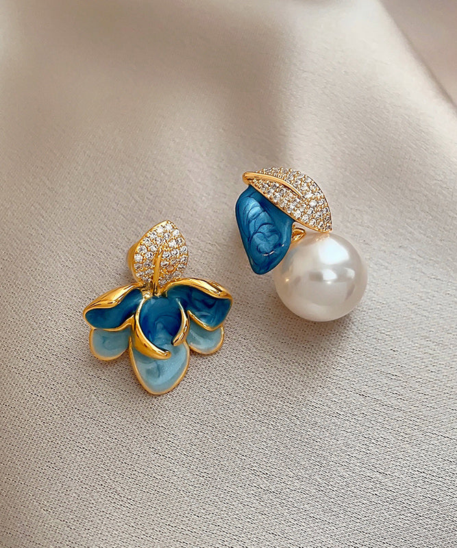 Asymmetric Pearl Drop BlueCopper Enamel Glaze Zircon Beautiful FashionChic