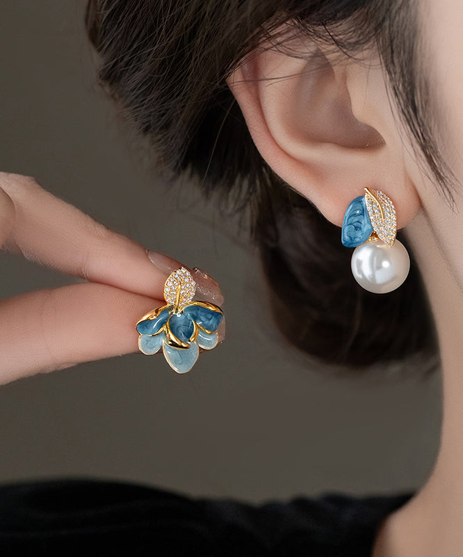 Asymmetric Pearl Drop BlueCopper Enamel Glaze Zircon Beautiful FashionChic