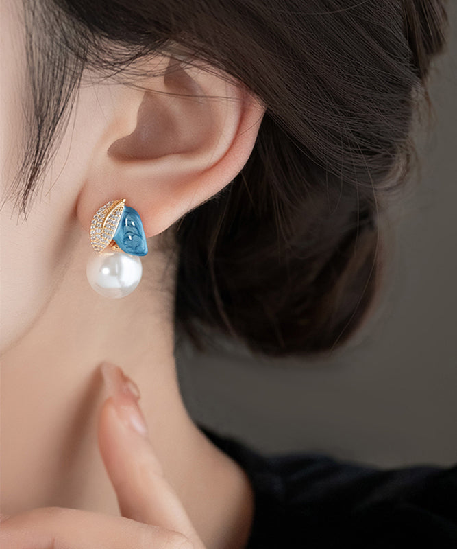 Asymmetric Pearl Drop BlueCopper Enamel Glaze Zircon Beautiful FashionChic