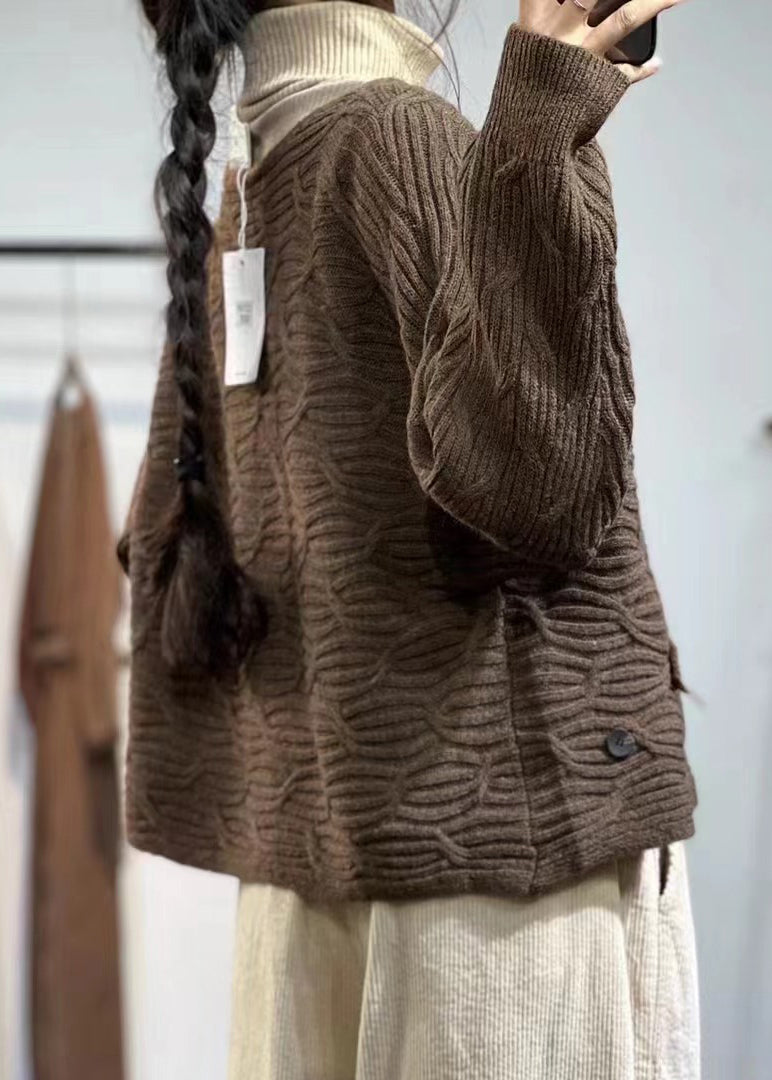 Beautiful Coffee V Neck Button Plus Size Cotton Knit Coats Fall OO007 OM-CS240816