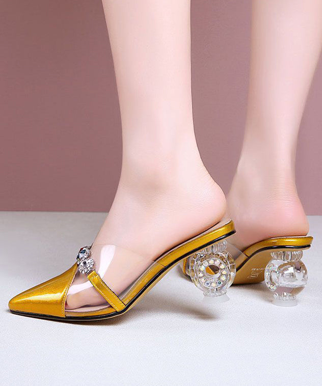 Beautiful Crystal Chunky Heel Yellow Zircon Faux Leather Slide Sandals RT1025 Ada Fashion