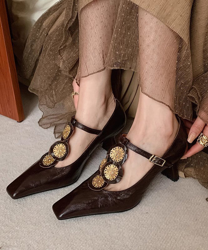 Beautiful Gold Buckle Strap Decorated Splicing Heels Shoes DD1060 Shoe-GGX240605
