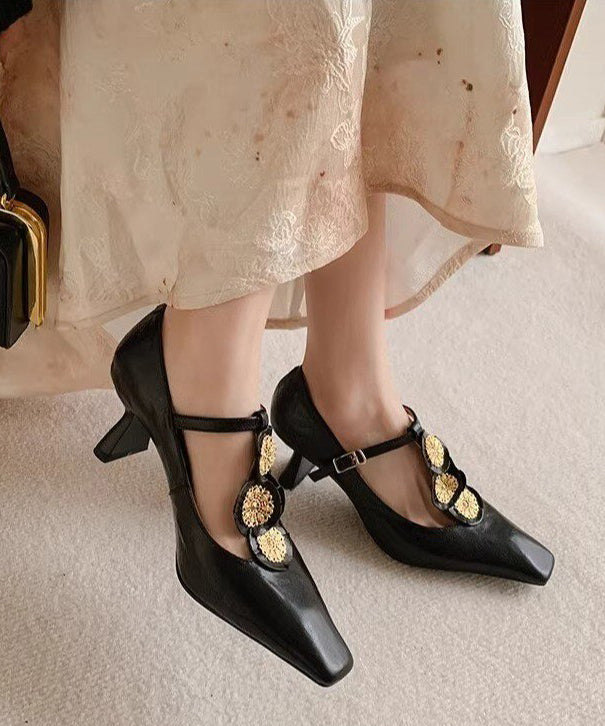Beautiful Gold Buckle Strap Decorated Splicing Heels Shoes DD1060 Shoe-GGX240605