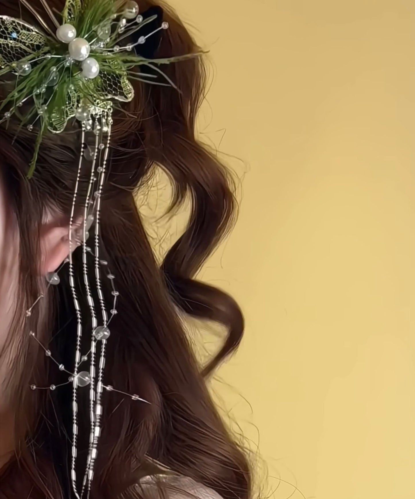 Beautiful Lace Hairpin Green Butterfly Feather Pearl Tassel FashionChic