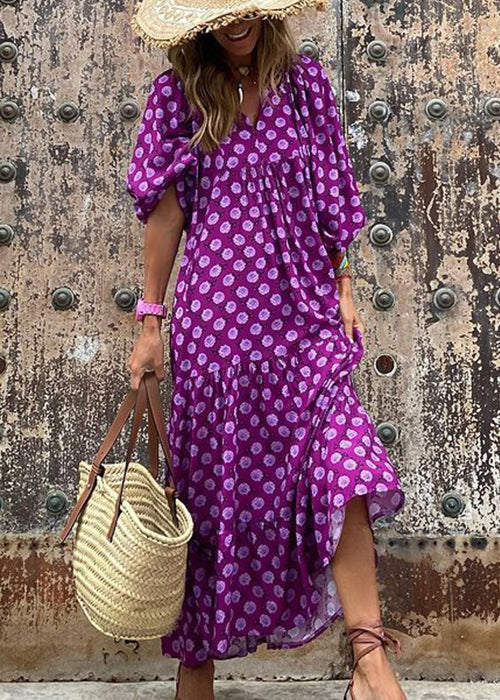 Beautiful Cotton Sleeve Dresses Print Long Puff Neck V Green FashionChic