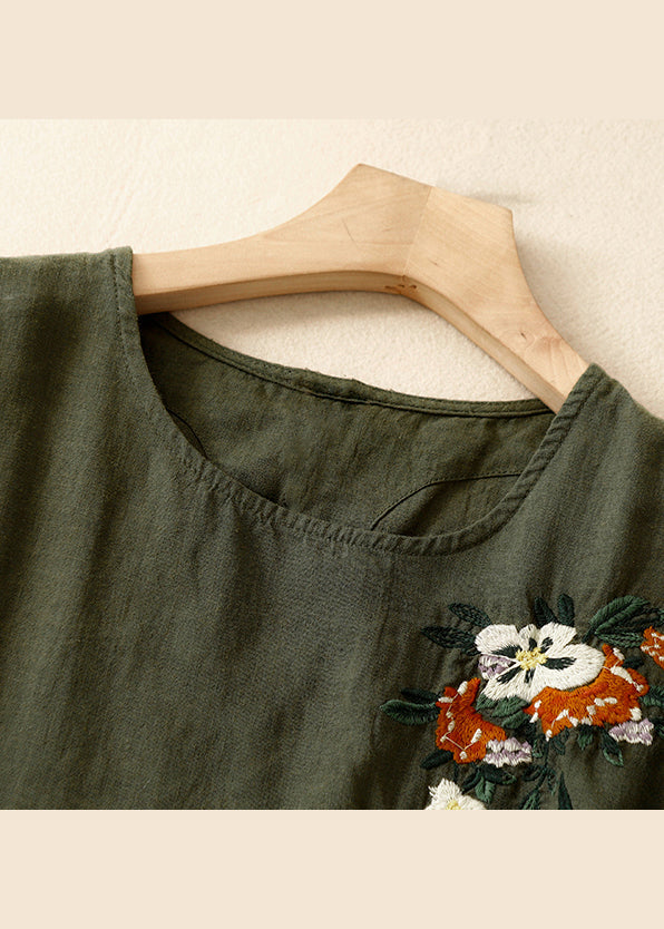Beautiful Khaki O Neck Embroidered Linen T Shirts Summer AM1038 Genistyle Shop