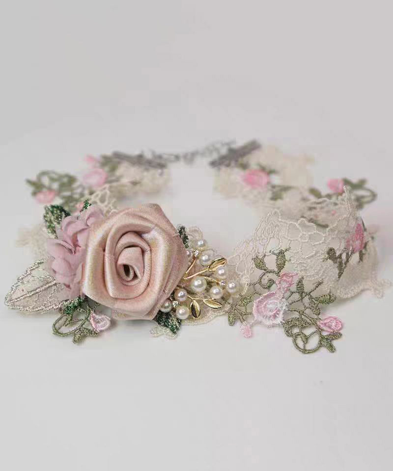 Beautiful Pink Alloy Pearl Lace Floral Necklace YA010 ABC