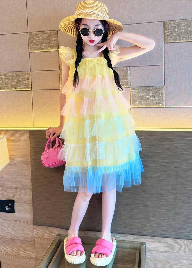 Beautiful Pink O-Neck Patchwork Tulle Kids Vacation Maxi Dresses Summer EW020 WS-JRTZSDL240810