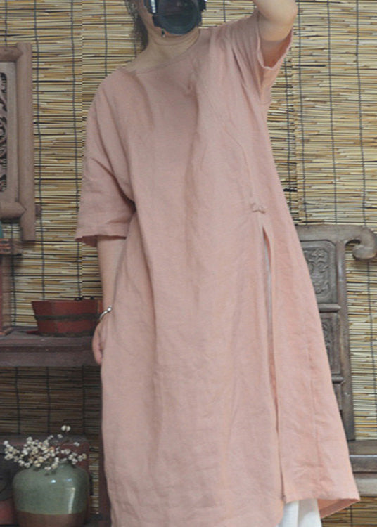 Beautiful Pink O Neck Side Open Cotton Dresses Summer LK031 GK-SDL240710