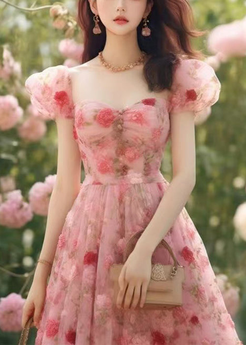 High Long Summer Pink Chiffon Dress Print Waist Beautiful FashionChic