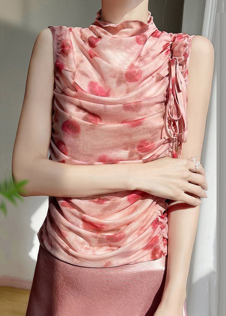 Lace Print Tulle Up Sleeveless Pink Wrinkled Beautiful Tops FashionChic