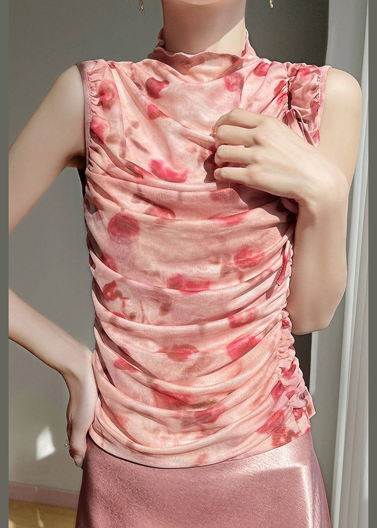 Lace Print Tulle Up Sleeveless Pink Wrinkled Beautiful Tops FashionChic