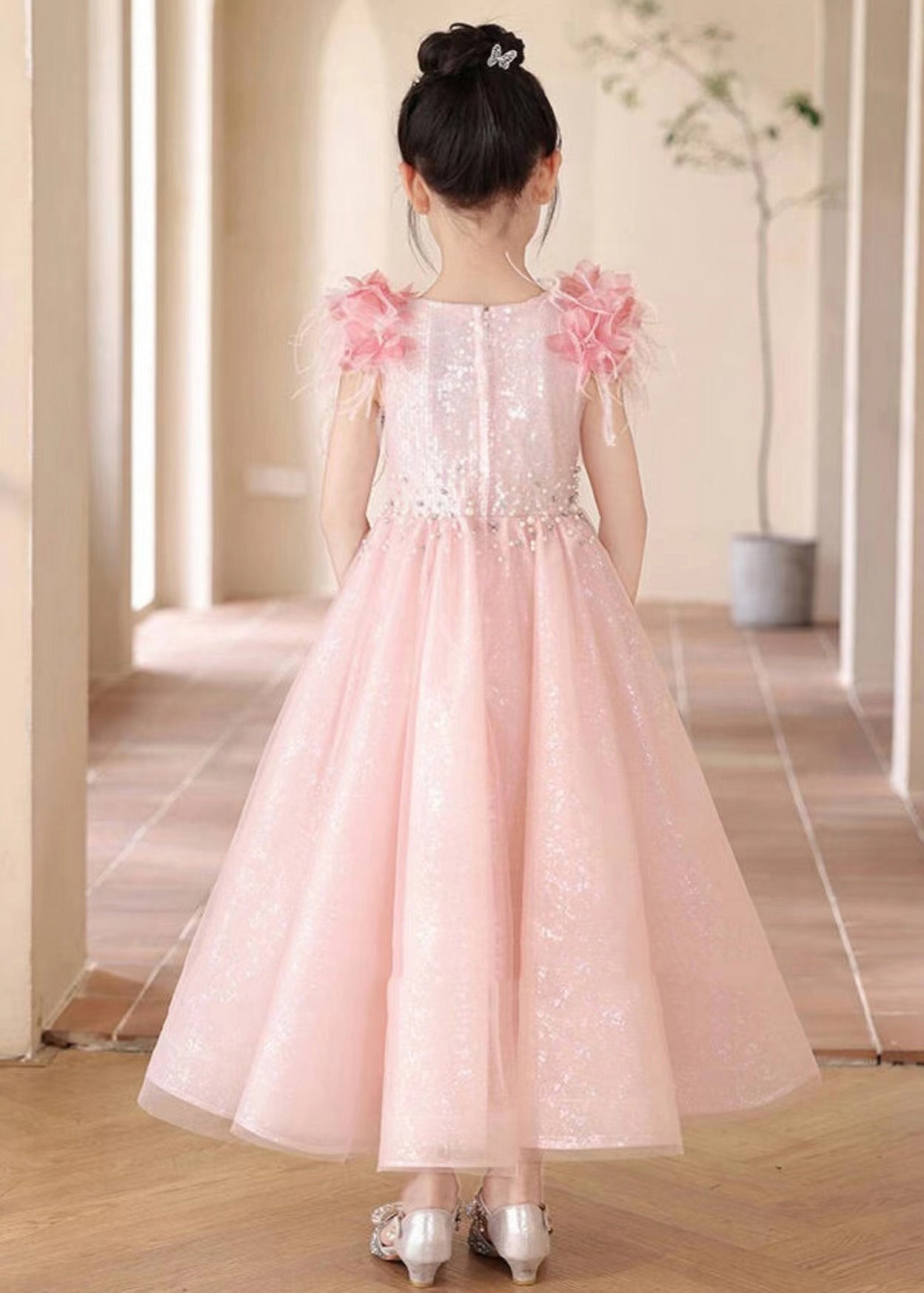 Beautiful Pink Sequins Patchwork Tulle Girls Maxi Dresses Summer YE001 ABC