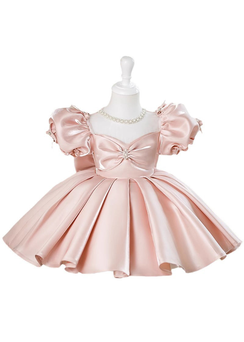 Beautiful Pink V Neck Bow Silk Kids Maxi Dress Summer YS023 ABC