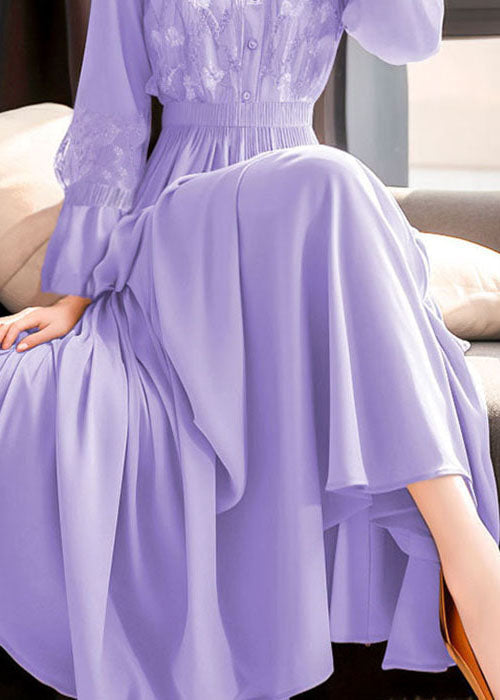 Beautiful Purple Embroidered Lace Elastic Waist Maxi Dresses Fall QR031 OM-ZS240929