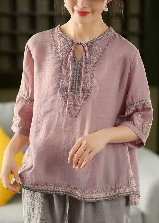 Purple Summer Linen Top Beautiful Embroidered Shirt FashionChic