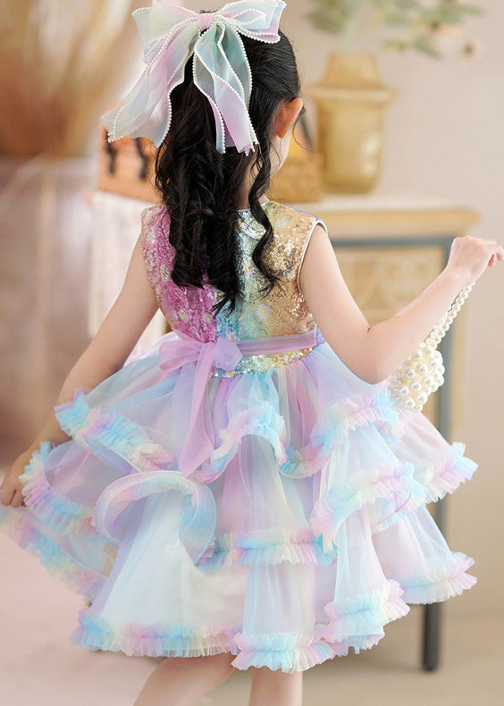 Beautiful Rainbow O-Neck Tulle Kids Maxi Dress Sleeveless YE016 ABC