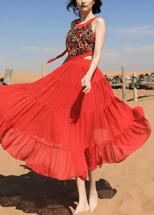 Beautiful Chiffon Red Long Sleeveless Up Lace Embroidered Dress FashionChic