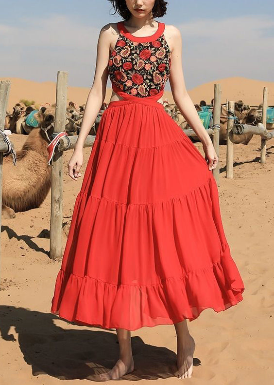 Beautiful Chiffon Red Long Sleeveless Up Lace Embroidered Dress FashionChic