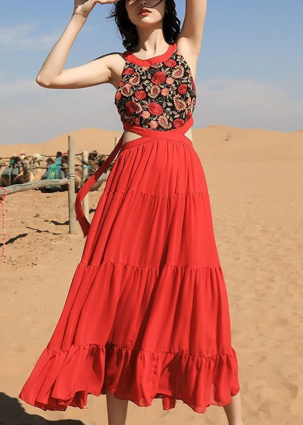 Beautiful Chiffon Red Long Sleeveless Up Lace Embroidered Dress FashionChic