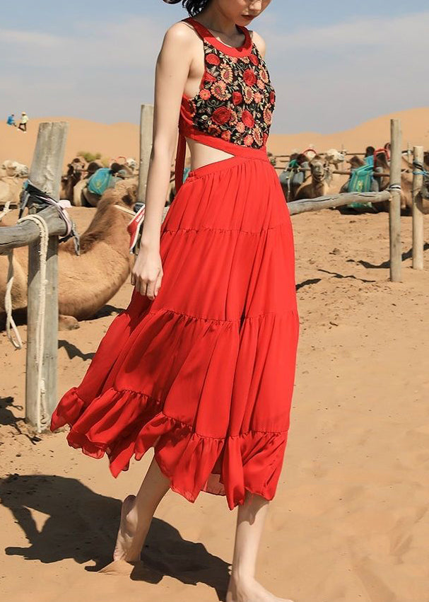 Beautiful Chiffon Red Long Sleeveless Up Lace Embroidered Dress FashionChic