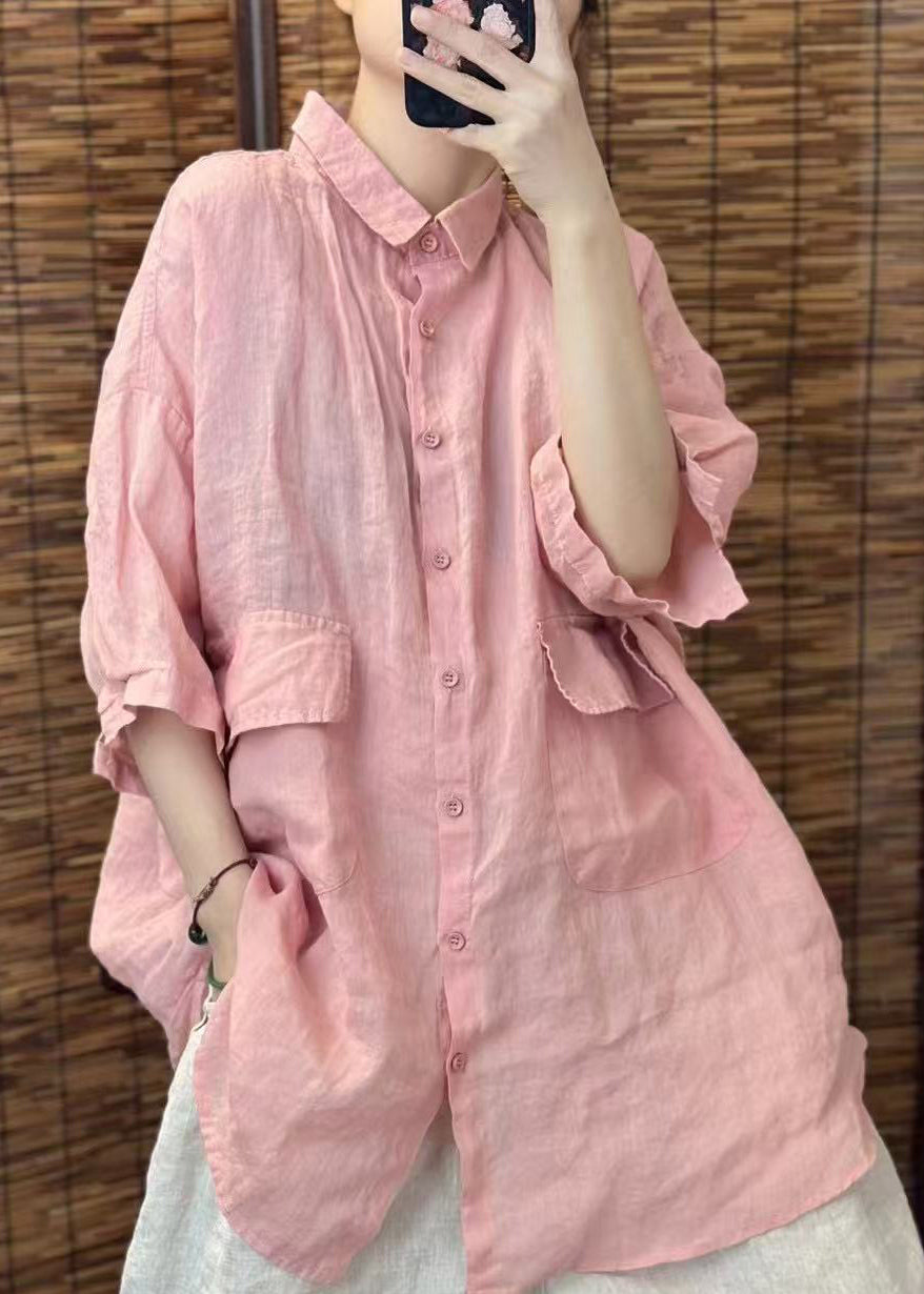 Summer Red Beautiful Linen Blouses Oversized Pockets FashionChic