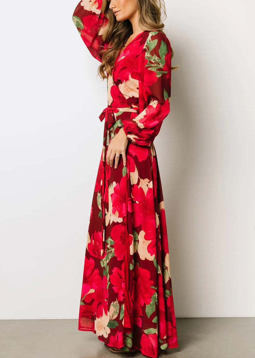 Beautiful Red Print Side Open Cotton Maxi Dresses Fall AU1024 OM-ZS240902