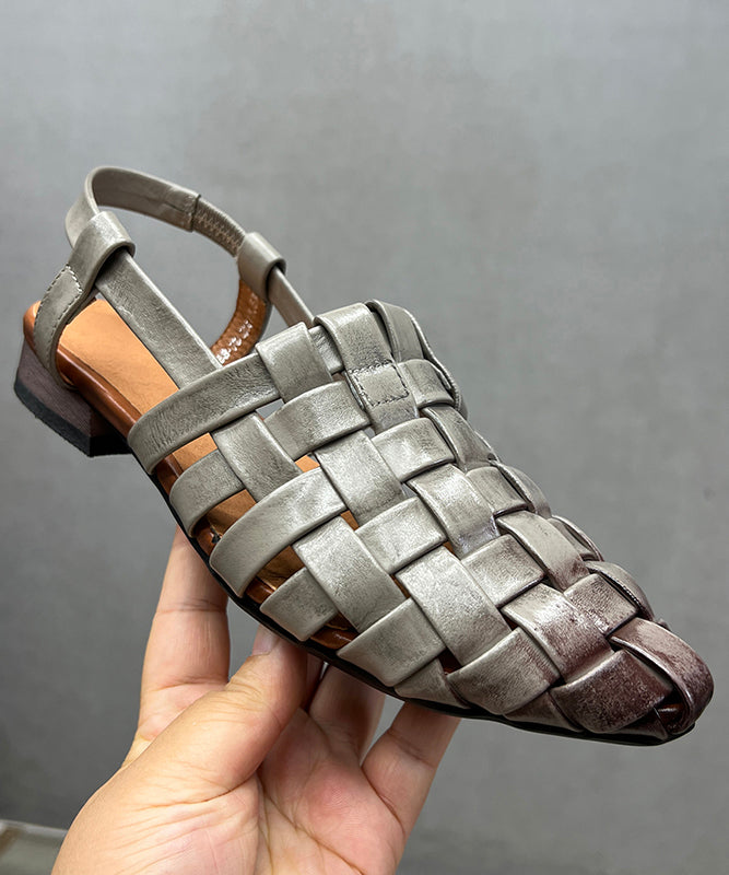 Out Grey Beautiful Splicing Sandals Hollow Chunky Leather Cowhide FashionChic
