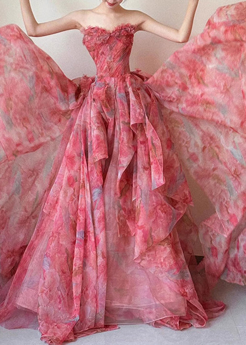 Large Waist Exra Beautiful Hem High Chiffon Strapless Print FashionChic