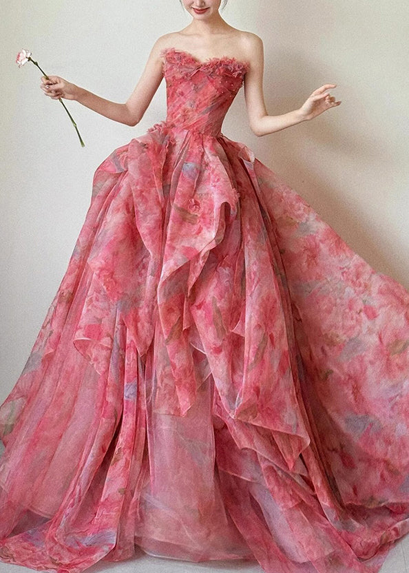 Large Waist Exra Beautiful Hem High Chiffon Strapless Print FashionChic