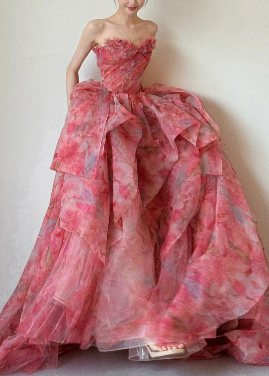Large Waist Exra Beautiful Hem High Chiffon Strapless Print FashionChic