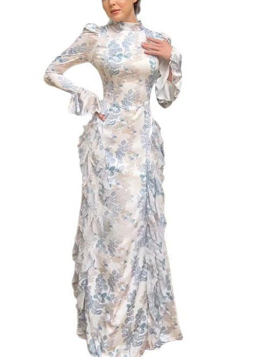 Ruffles Beautiful Print Long White Dresses Chiffon Spring FashionChic