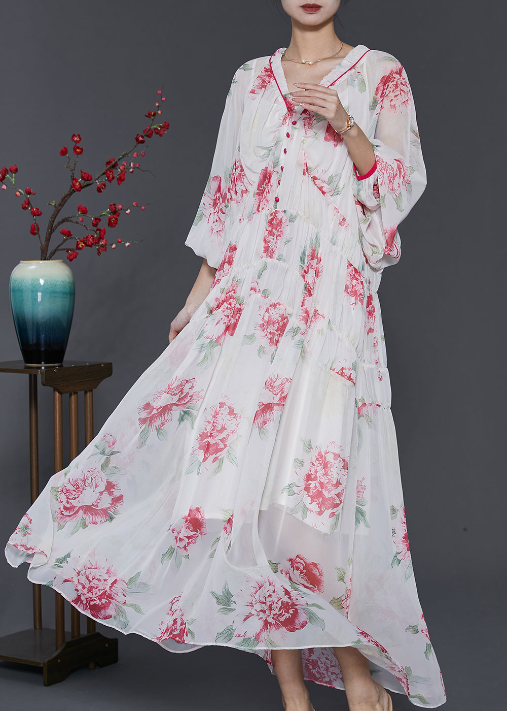 Beautiful White V Neck Print Chiffon Beach Dress Spring SD1029 Ada Fashion