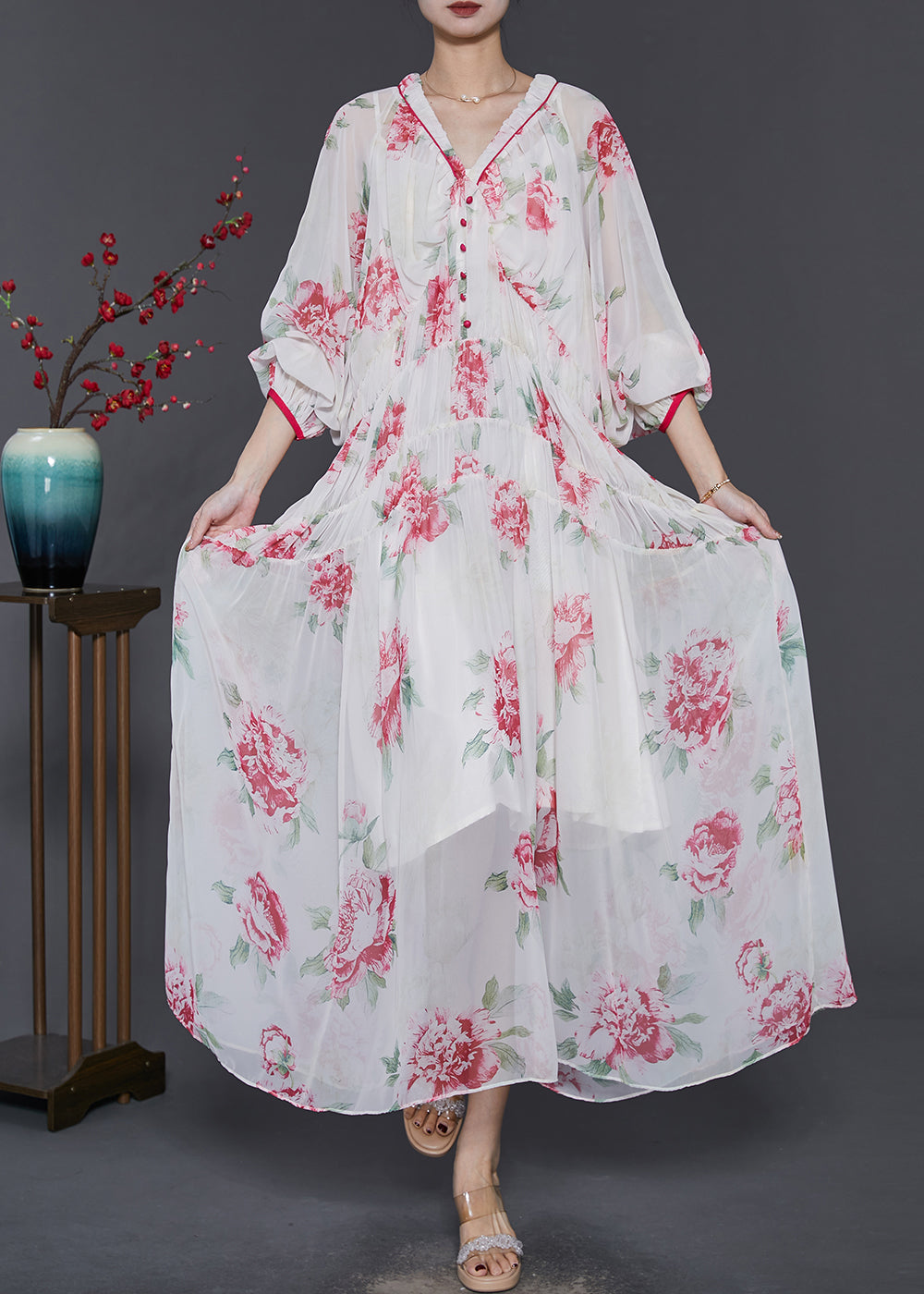 Beautiful White V Neck Print Chiffon Beach Dress Spring SD1029 Ada Fashion