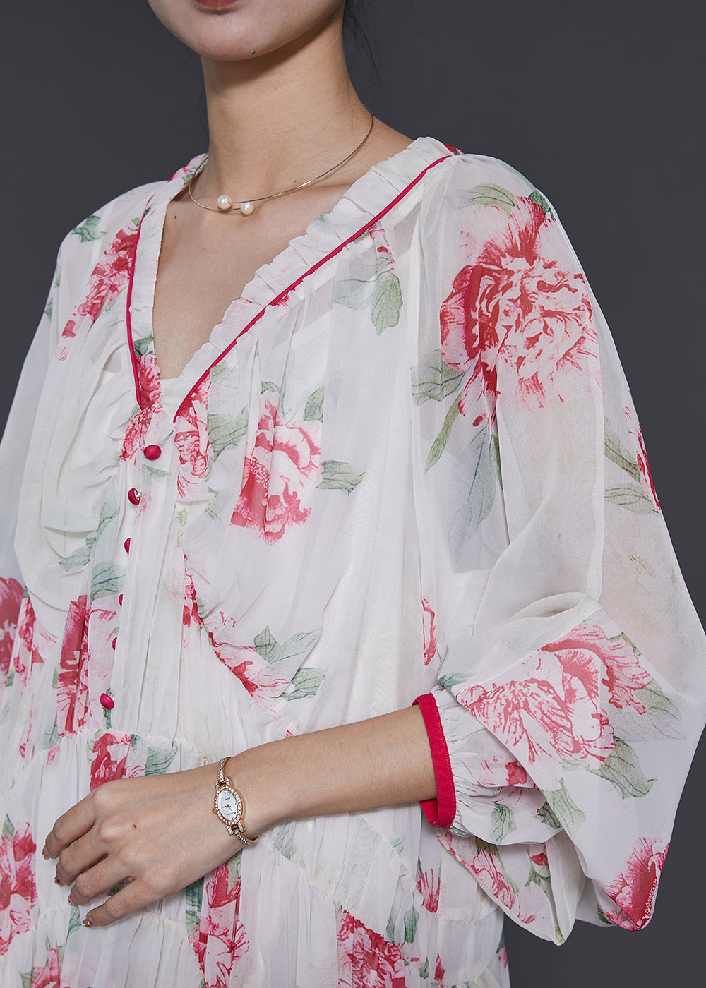 Beautiful White V Neck Print Chiffon Beach Dress Spring SD1029 Ada Fashion