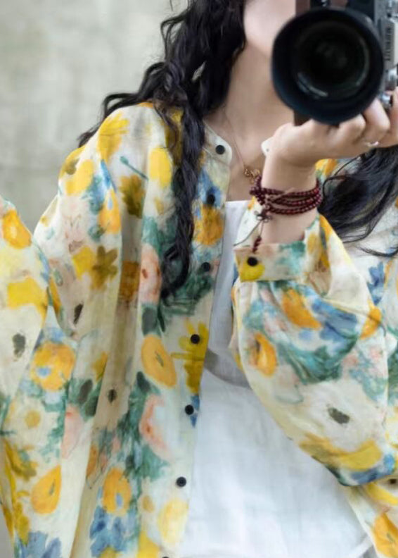 Beautiful Yellow Print Button Linen Loose Shirts Lantern Sleeve TI028