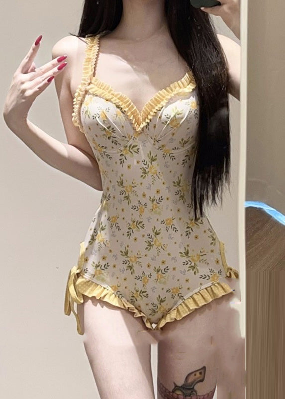 Set And Lingerie Bodysuit Beautiful Smock Yellow Print FashionChic