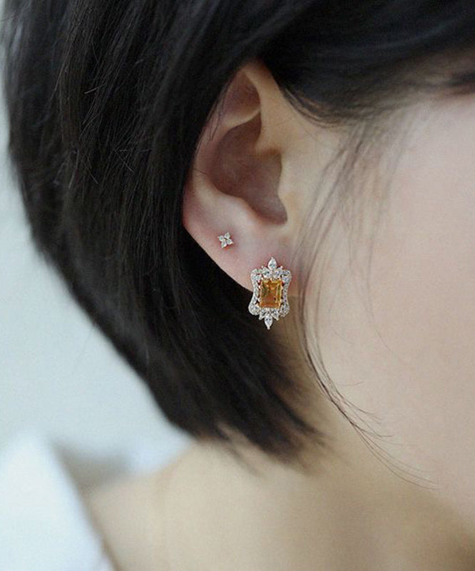 Beautiful Yellow Sterling Silver Overgild Zircon Stud Earrings TX046