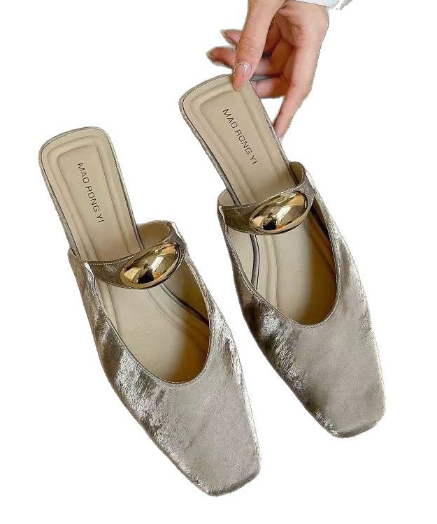 Leather Splicing Beige Chunky Sandals Slide Faux Boutique FashionChic