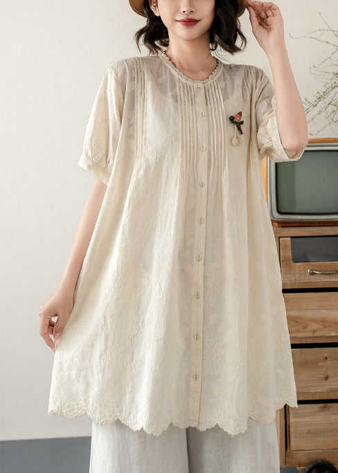 Tops Embroidered Line A Beige Wrinkled Summer Cotton FashionChic