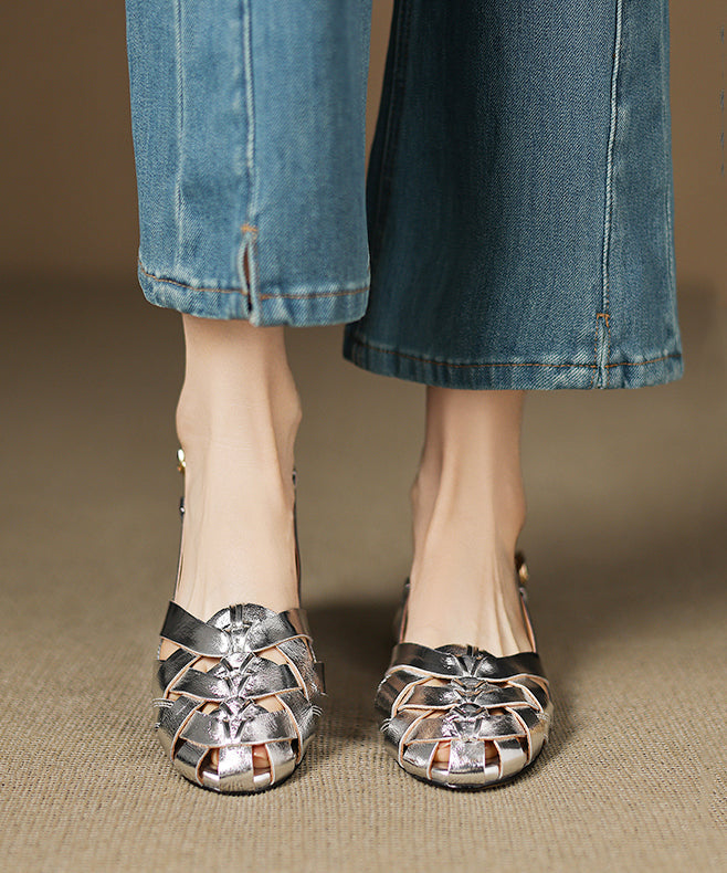 Walking Leather Cowhide Out Splicing Hollow Beige Sandals FashionChic