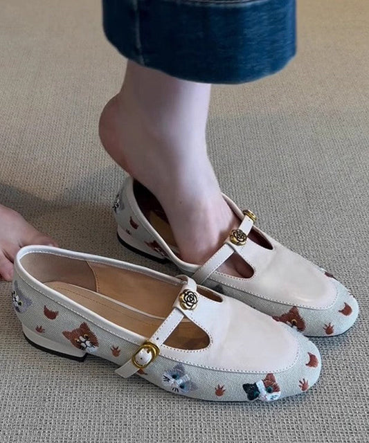 Hollow Flat Embroidered Faux Leather Shoes Out Beige FashionChic