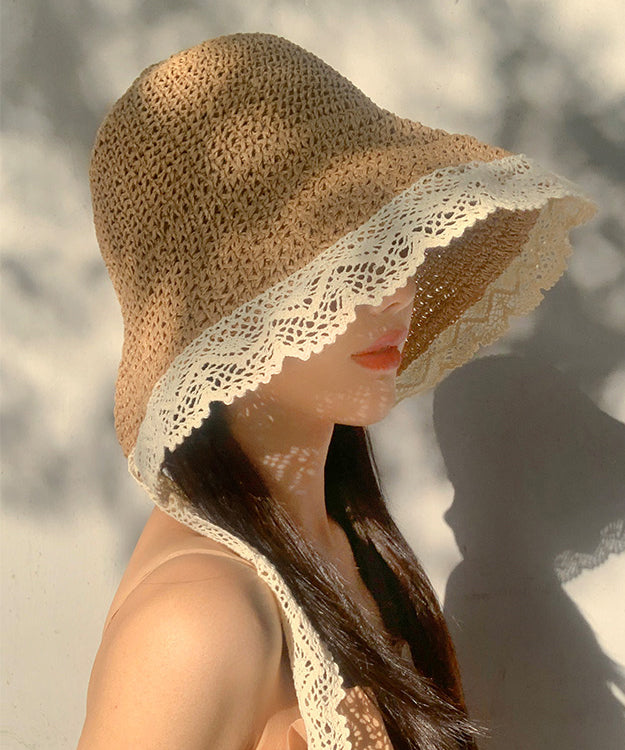 Woven Lace Beige Hat Sun Women Summer Brimmed Straw Large FashionChic