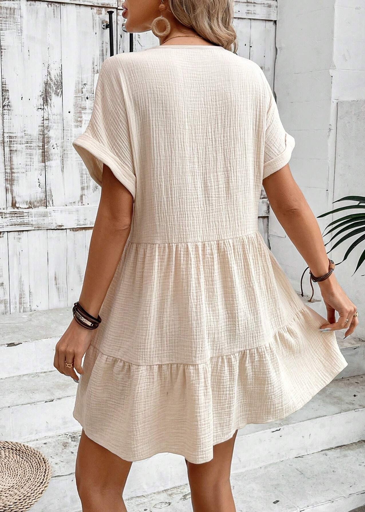Cotton Neck Vacation Patchwork Beige Summer Dress V FashionChic