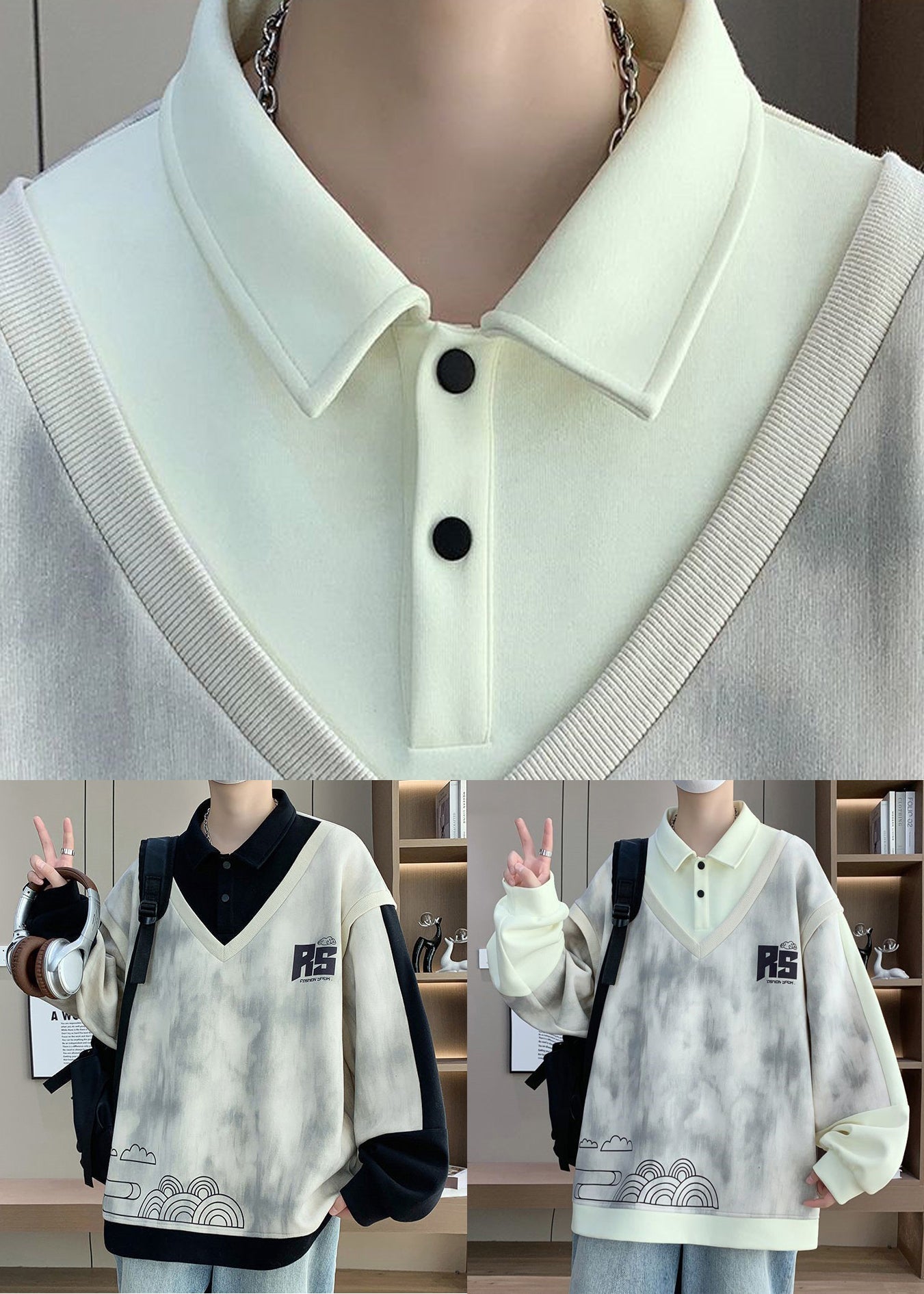 Peter Cotton Pieces Patchwork Sweatshirt Mens Two Beige False Pan FashionChic