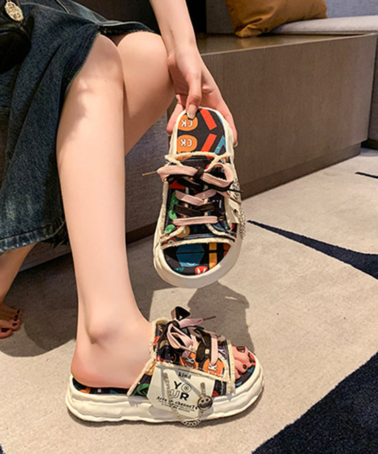 Beige Platform Lace Up Splicing Canvas Slide Sandals JJ021 Shoe-LT240609